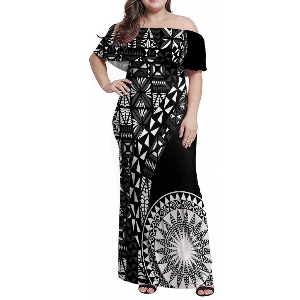 Black Tongan Ngatu Fonulei Pattern Family Matching Off Shoulder Maxi Dress and Hawaiian Shirt LT9 Mom's Dress Black - Polynesian Pride