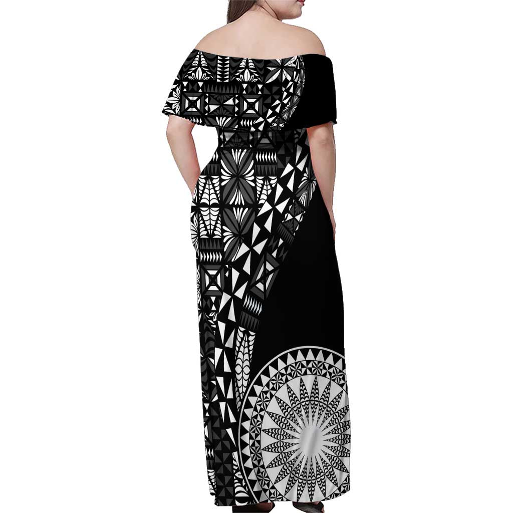 Black Tongan Ngatu Fonulei Pattern Family Matching Off Shoulder Maxi Dress and Hawaiian Shirt LT9 - Polynesian Pride
