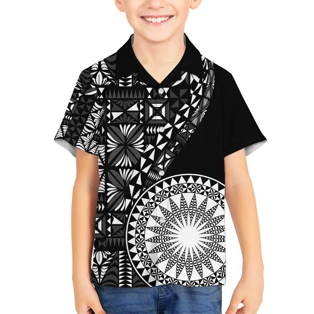 Black Tongan Ngatu Fonulei Pattern Family Matching Off Shoulder Maxi Dress and Hawaiian Shirt LT9 Son's Shirt Black - Polynesian Pride