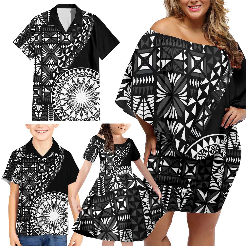 Black Tongan Ngatu Fonulei Pattern Family Matching Off Shoulder Short Dress and Hawaiian Shirt LT9 - Polynesian Pride