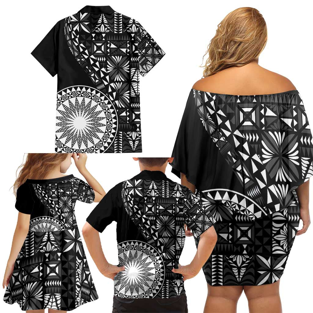 Black Tongan Ngatu Fonulei Pattern Family Matching Off Shoulder Short Dress and Hawaiian Shirt LT9 - Polynesian Pride