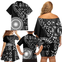 Black Tongan Ngatu Fonulei Pattern Family Matching Off Shoulder Short Dress and Hawaiian Shirt LT9 - Polynesian Pride