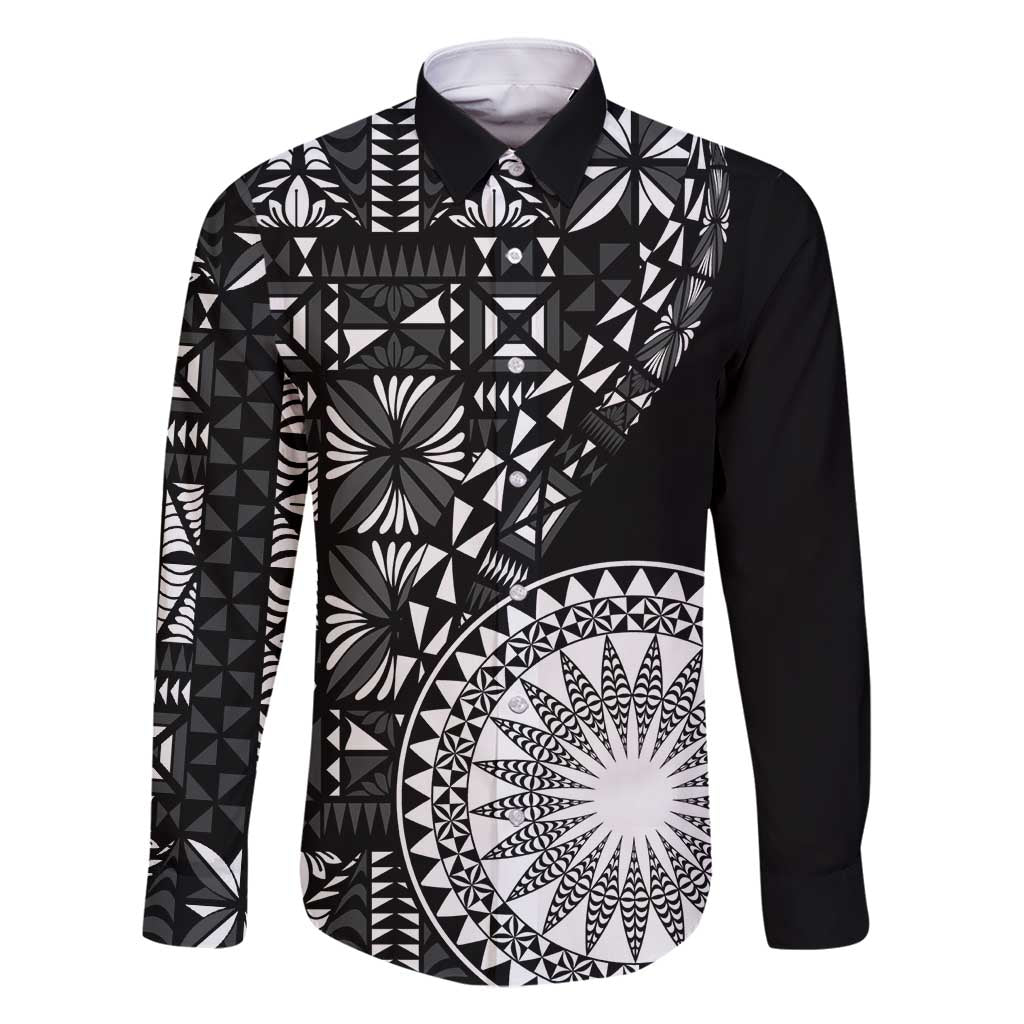 Black Tongan Ngatu Fonulei Pattern Family Matching Off Shoulder Short Dress and Hawaiian Shirt LT9 Dad's Shirt - Long Sleeve Black - Polynesian Pride