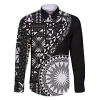 Black Tongan Ngatu Fonulei Pattern Family Matching Off Shoulder Short Dress and Hawaiian Shirt LT9 Dad's Shirt - Long Sleeve Black - Polynesian Pride