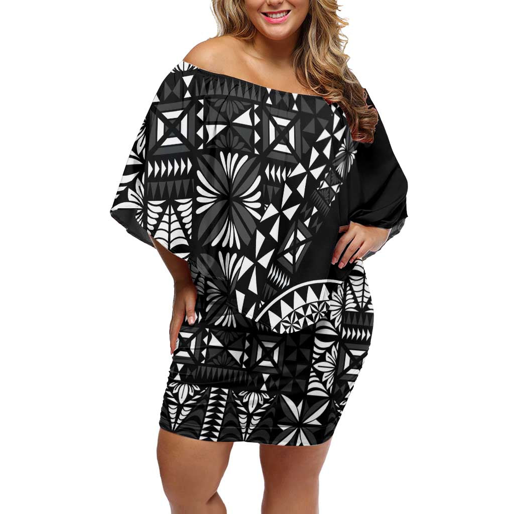 Black Tongan Ngatu Fonulei Pattern Family Matching Off Shoulder Short Dress and Hawaiian Shirt LT9 Mom's Dress Black - Polynesian Pride