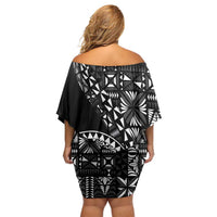 Black Tongan Ngatu Fonulei Pattern Family Matching Off Shoulder Short Dress and Hawaiian Shirt LT9 - Polynesian Pride