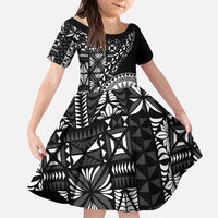 Black Tongan Ngatu Fonulei Pattern Family Matching Puletasi and Hawaiian Shirt LT9 Daughter's Dress Black - Polynesian Pride