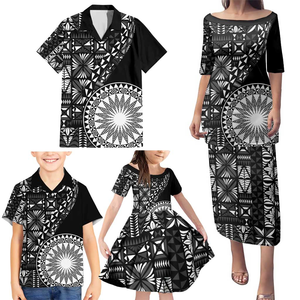 Black Tongan Ngatu Fonulei Pattern Family Matching Puletasi and Hawaiian Shirt LT9 - Polynesian Pride