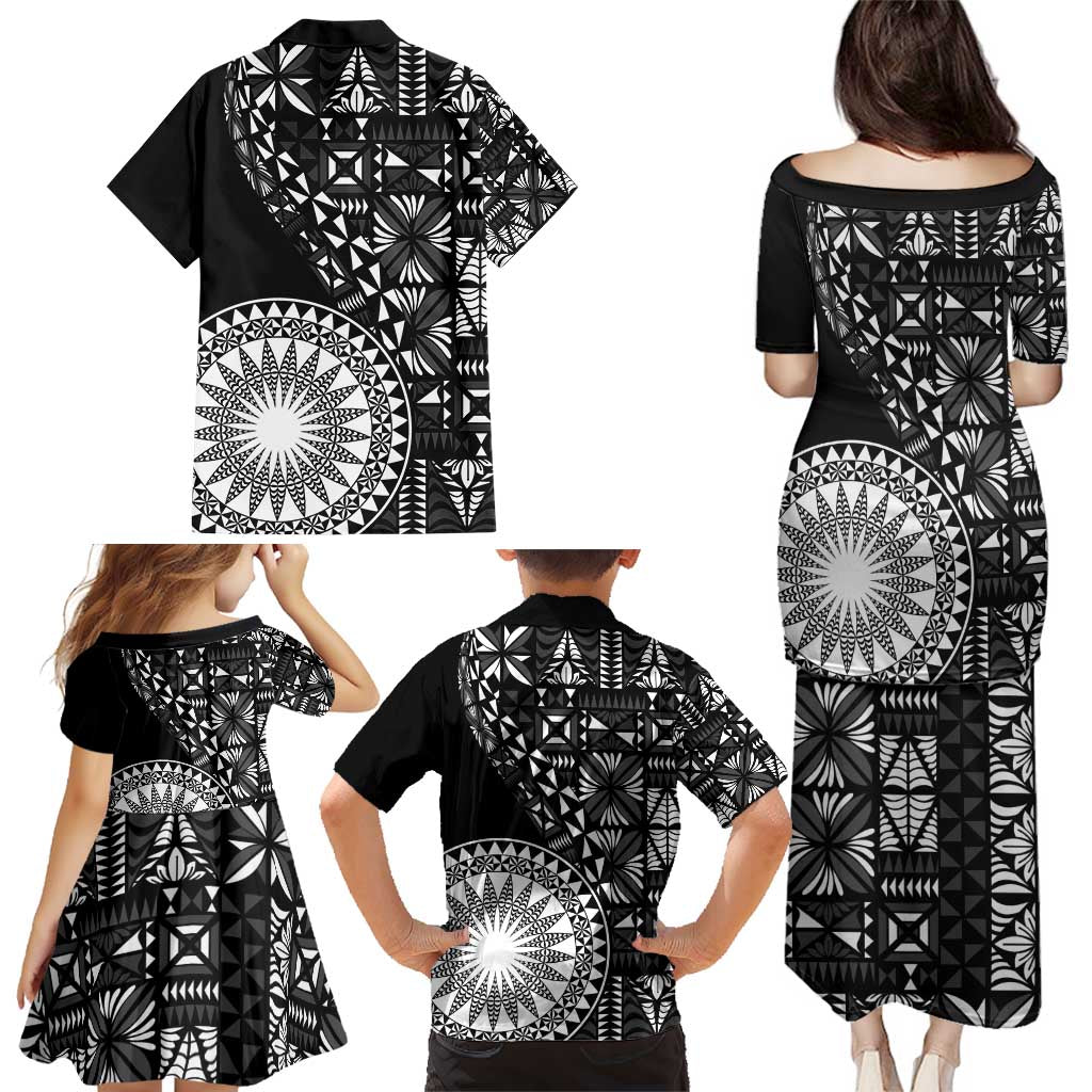 Black Tongan Ngatu Fonulei Pattern Family Matching Puletasi and Hawaiian Shirt LT9 - Polynesian Pride