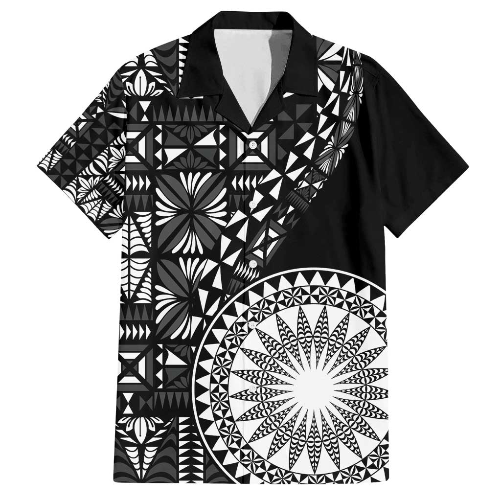 Black Tongan Ngatu Fonulei Pattern Family Matching Puletasi and Hawaiian Shirt LT9 Dad's Shirt - Short Sleeve Black - Polynesian Pride