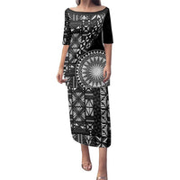 Black Tongan Ngatu Fonulei Pattern Family Matching Puletasi and Hawaiian Shirt LT9 Mom's Dress Black - Polynesian Pride
