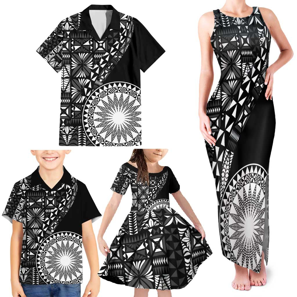 Black Tongan Ngatu Fonulei Pattern Family Matching Tank Maxi Dress and Hawaiian Shirt