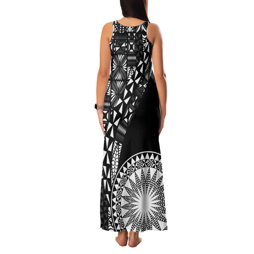 Black Tongan Ngatu Fonulei Pattern Family Matching Tank Maxi Dress and Hawaiian Shirt