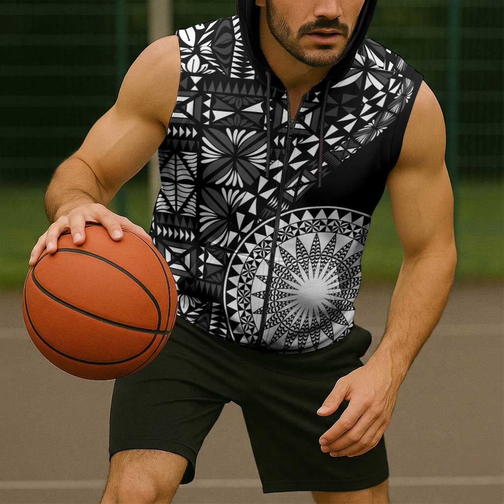 Black Tongan Ngatu Fonulei Pattern Sleeveless Zip Hoodie - Polynesian Pride