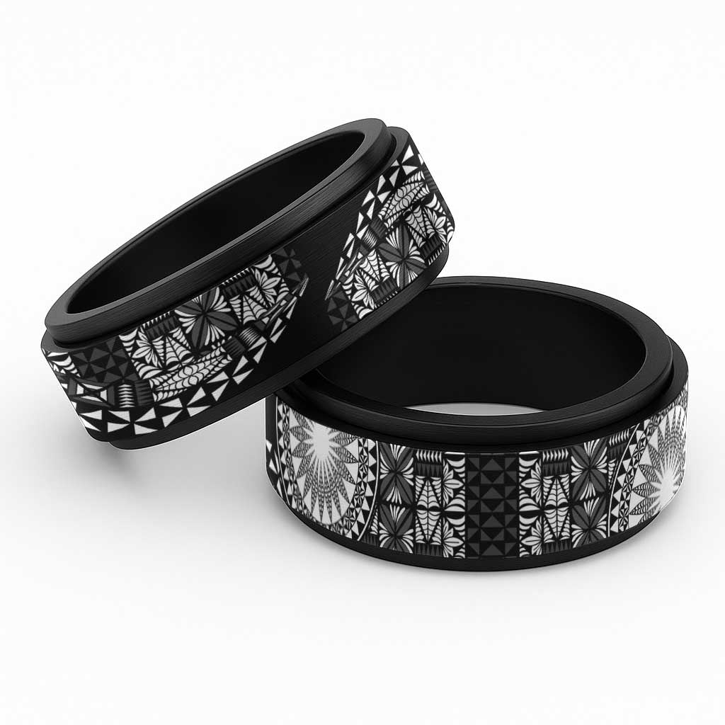 Black Tongan Ngatu Fonulei Pattern Spinner Ring - Polynesian Pride