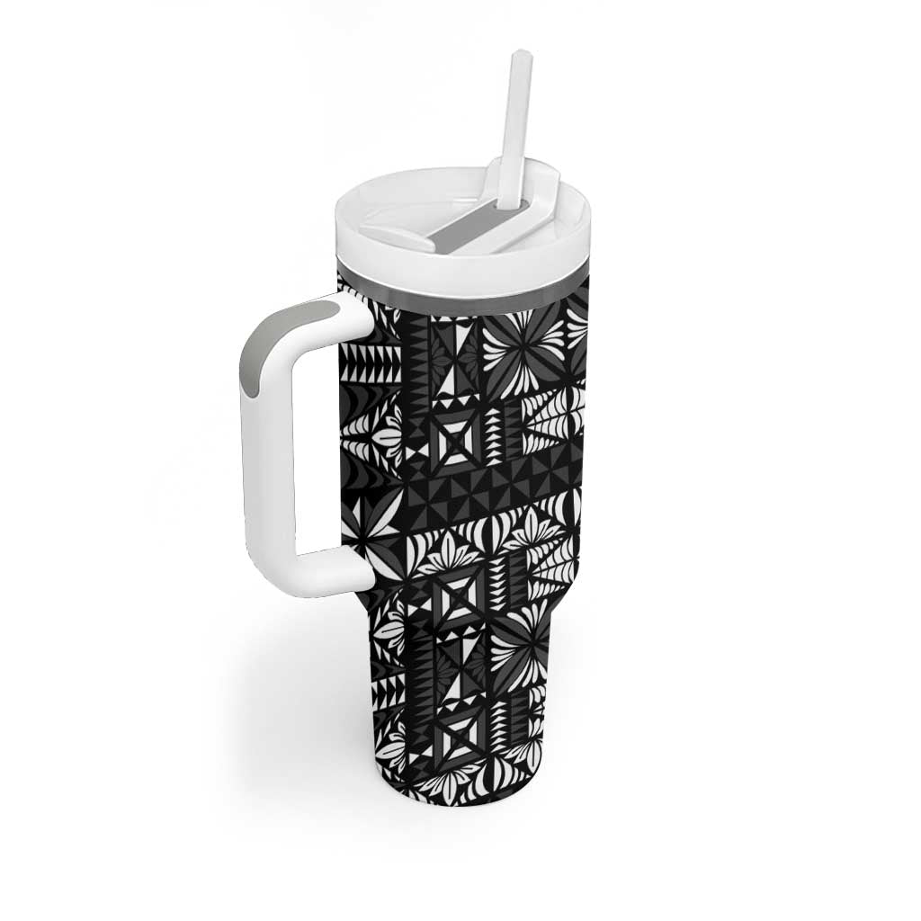 Black Tongan Ngatu Fonulei Pattern Tumbler With Handle