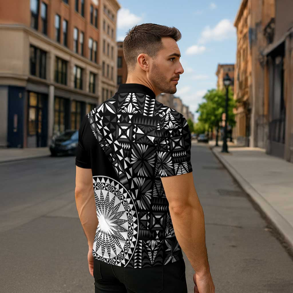 Black Tongan Ngatu Fonulei Pattern Zipper Polo Shirt - Polynesian Pride