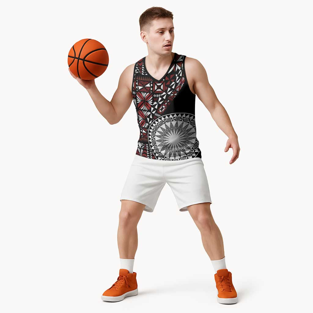 Red Tongan Ngatu Fonulei Pattern Basketball Jersey - Polynesian Pride