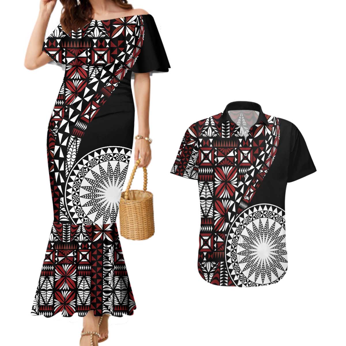 Red Tongan Ngatu Fonulei Pattern Couples Matching Mermaid Dress and Hawaiian Shirt