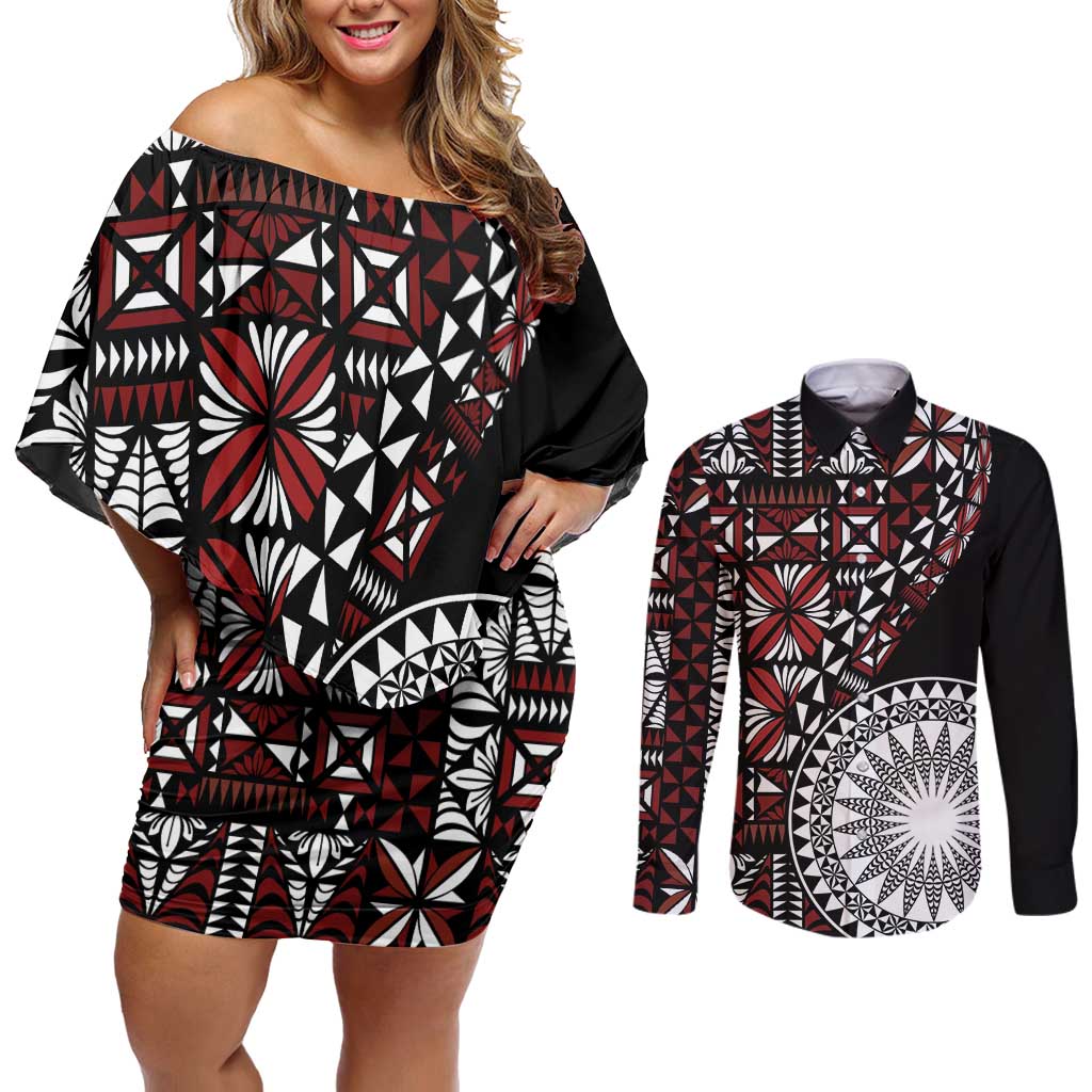 Red Tongan Ngatu Fonulei Pattern Couples Matching Off Shoulder Short Dress and Long Sleeve Button Shirt