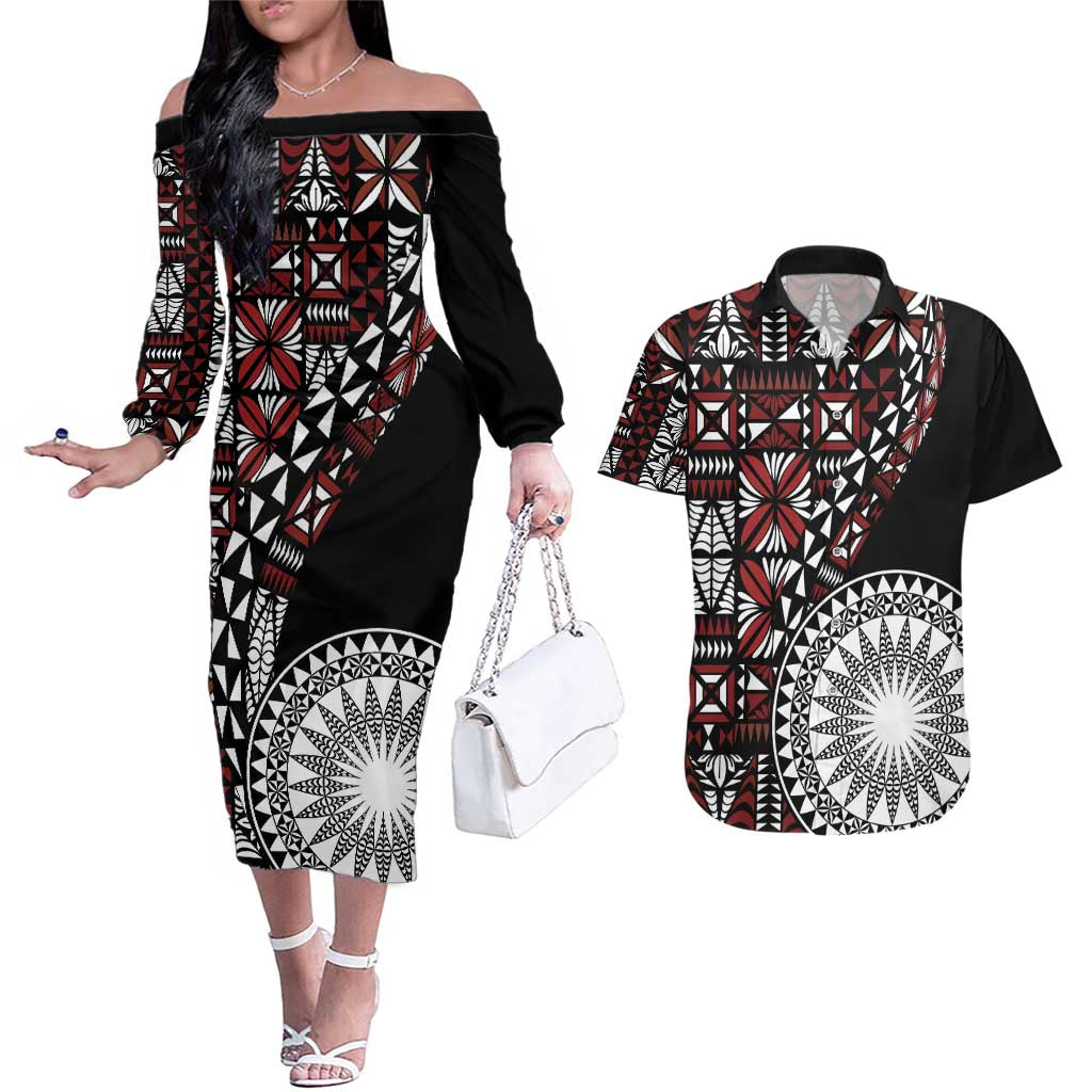 Red Tongan Ngatu Fonulei Pattern Couples Matching Off The Shoulder Long Sleeve Dress and Hawaiian Shirt