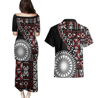 Red Tongan Ngatu Fonulei Pattern Couples Matching Puletasi and Hawaiian Shirt