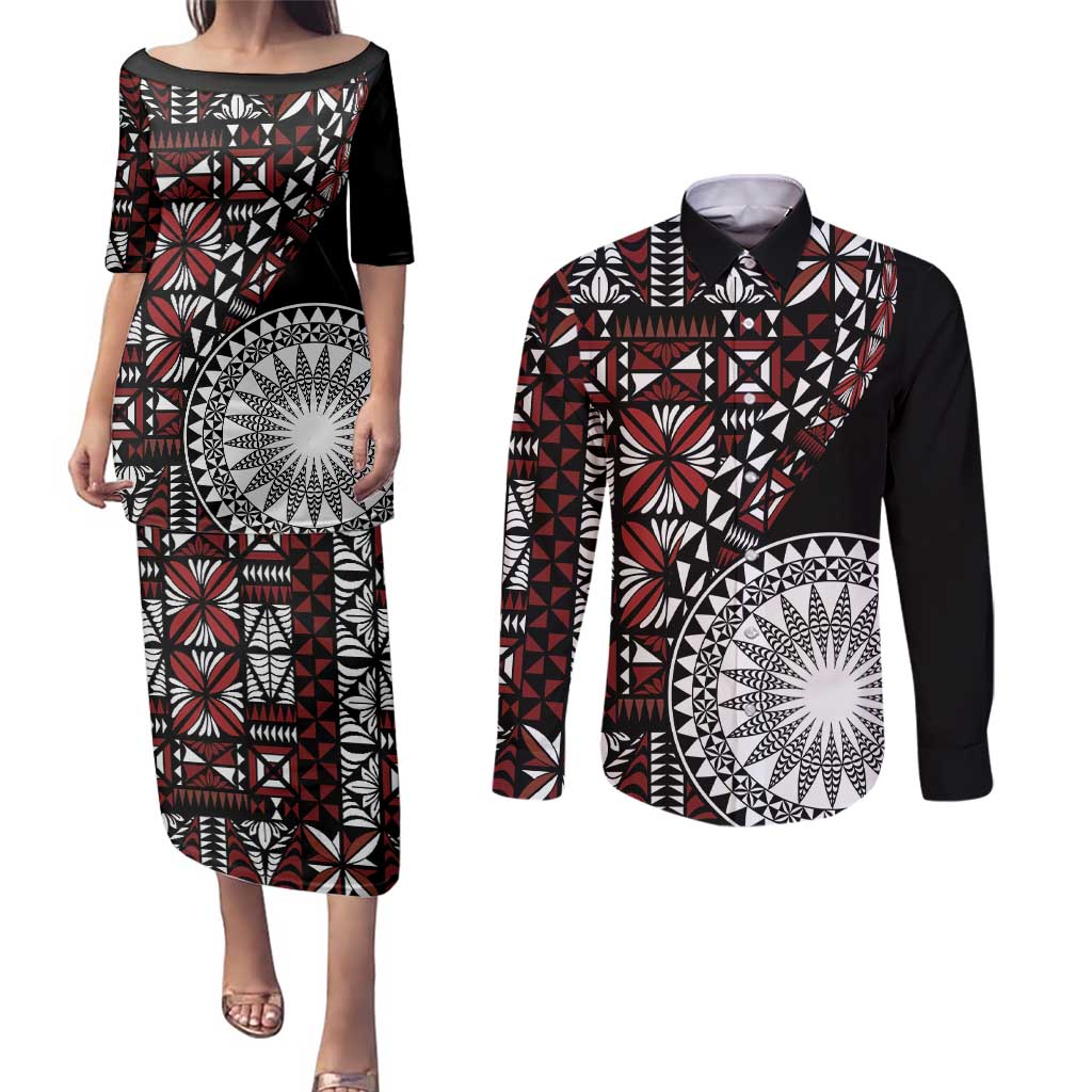 Red Tongan Ngatu Fonulei Pattern Couples Matching Puletasi and Long Sleeve Button Shirt LT9 Red - Polynesian Pride