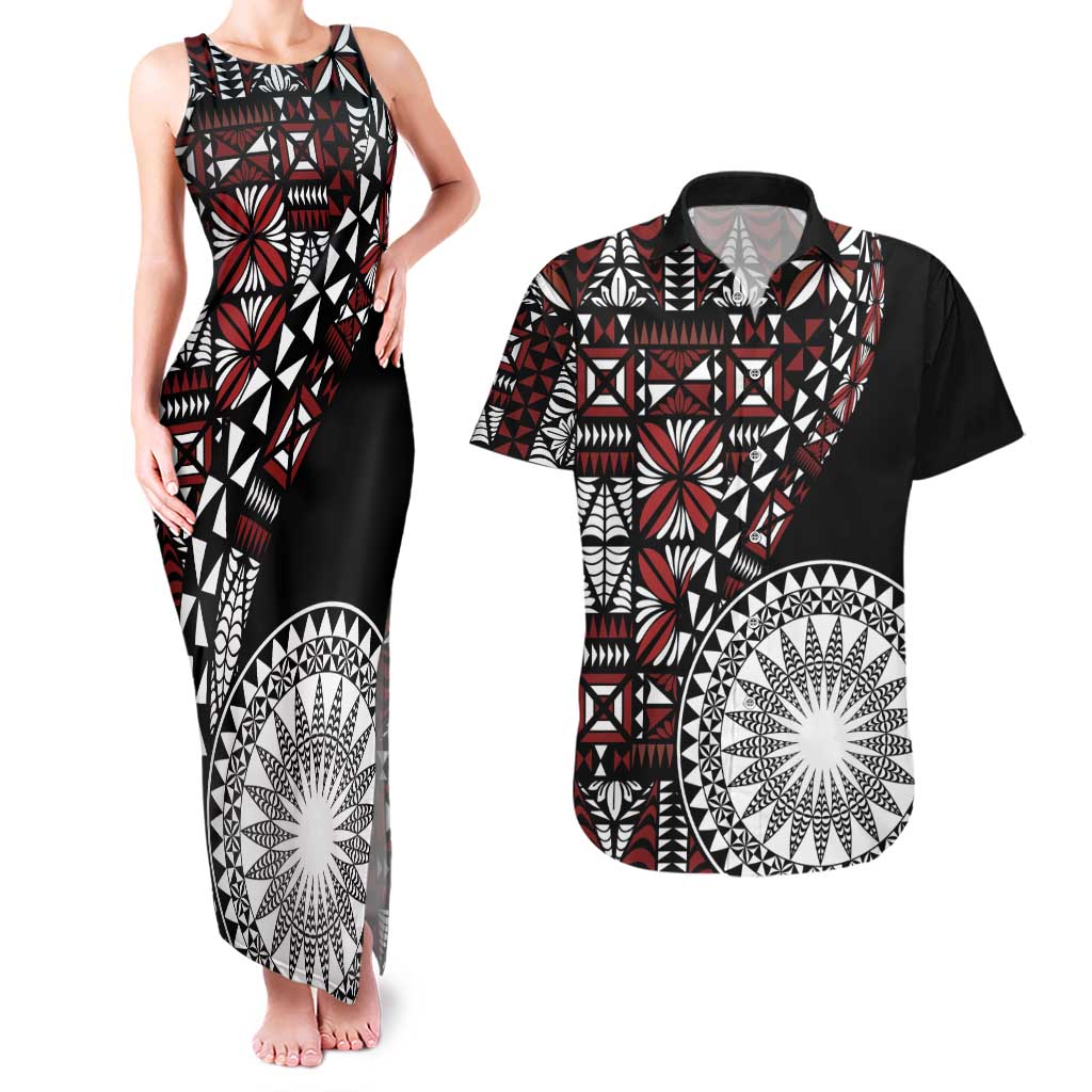 Red Tongan Ngatu Fonulei Pattern Couples Matching Tank Maxi Dress and Hawaiian Shirt
