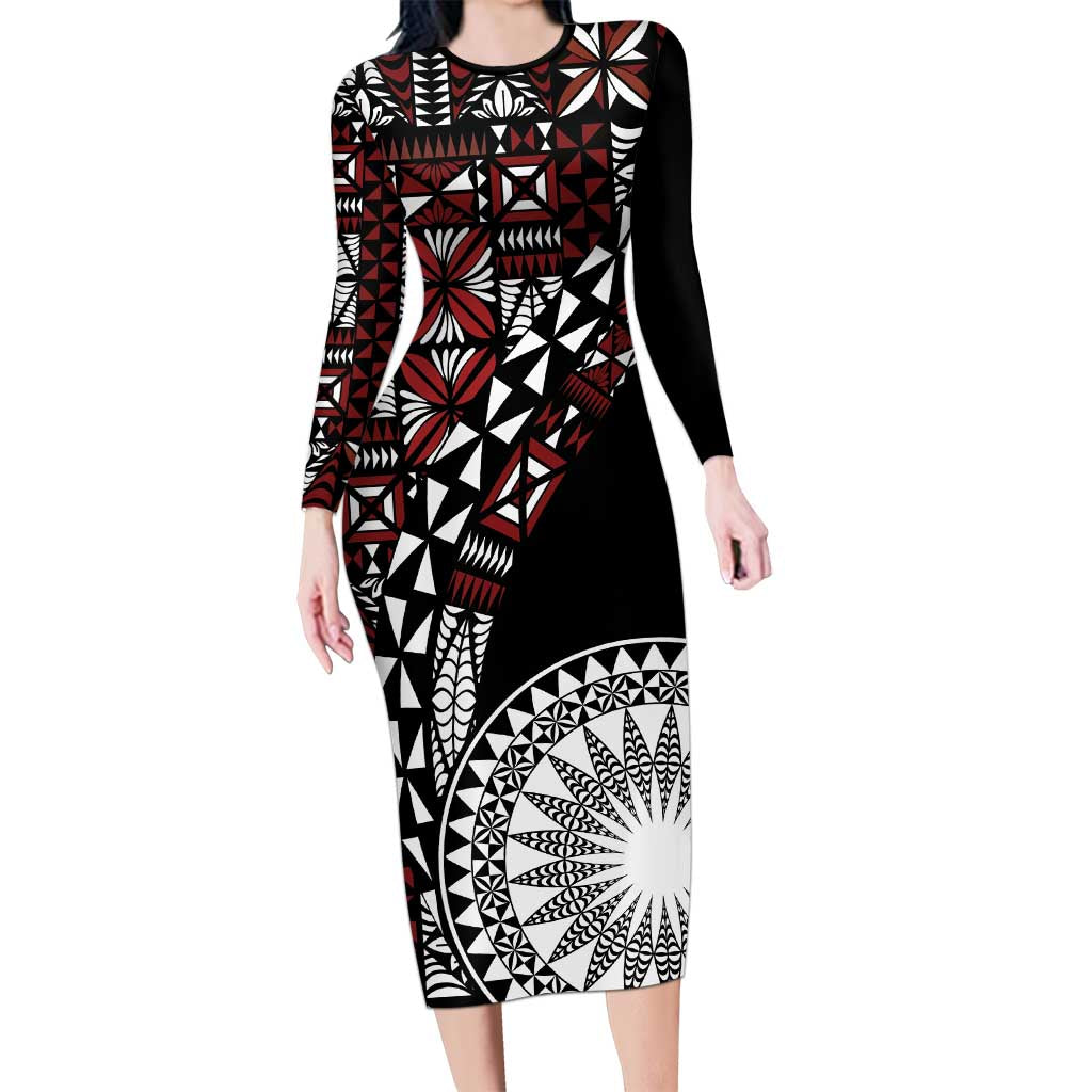 Red Tongan Ngatu Fonulei Pattern Family Matching Long Sleeve Bodycon Dress and Hawaiian Shirt