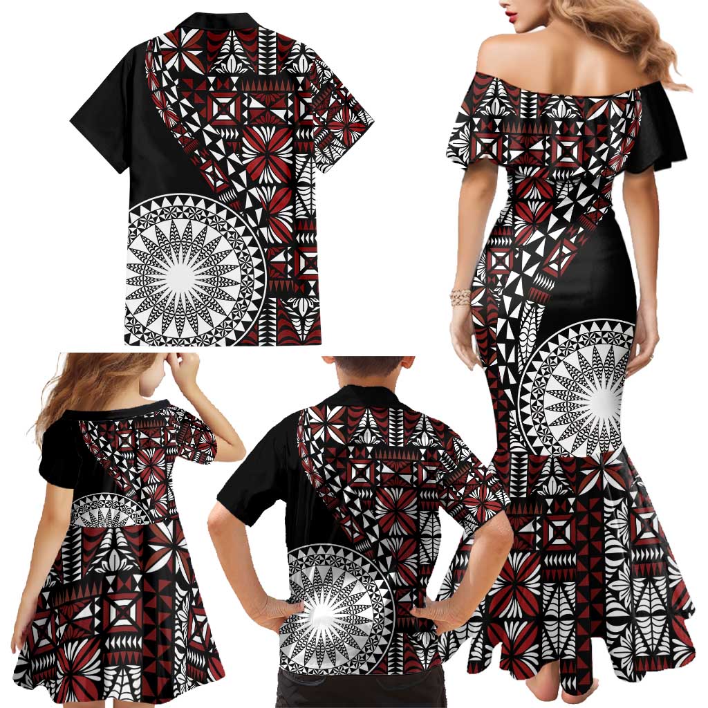 Red Tongan Ngatu Fonulei Pattern Family Matching Mermaid Dress and Hawaiian Shirt LT9 - Polynesian Pride