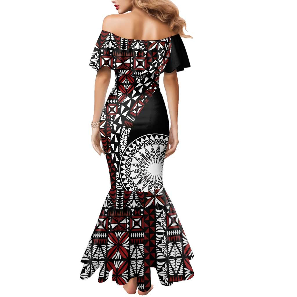 Red Tongan Ngatu Fonulei Pattern Family Matching Mermaid Dress and Hawaiian Shirt LT9 - Polynesian Pride