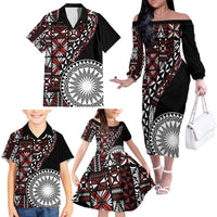 Red Tongan Ngatu Fonulei Pattern Family Matching Off The Shoulder Long Sleeve Dress and Hawaiian Shirt