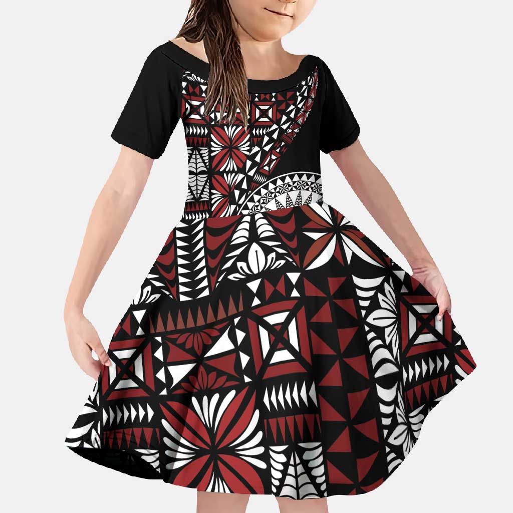 Red Tongan Ngatu Fonulei Pattern Family Matching Off Shoulder Maxi Dress and Hawaiian Shirt LT9 Daughter's Dress Red - Polynesian Pride
