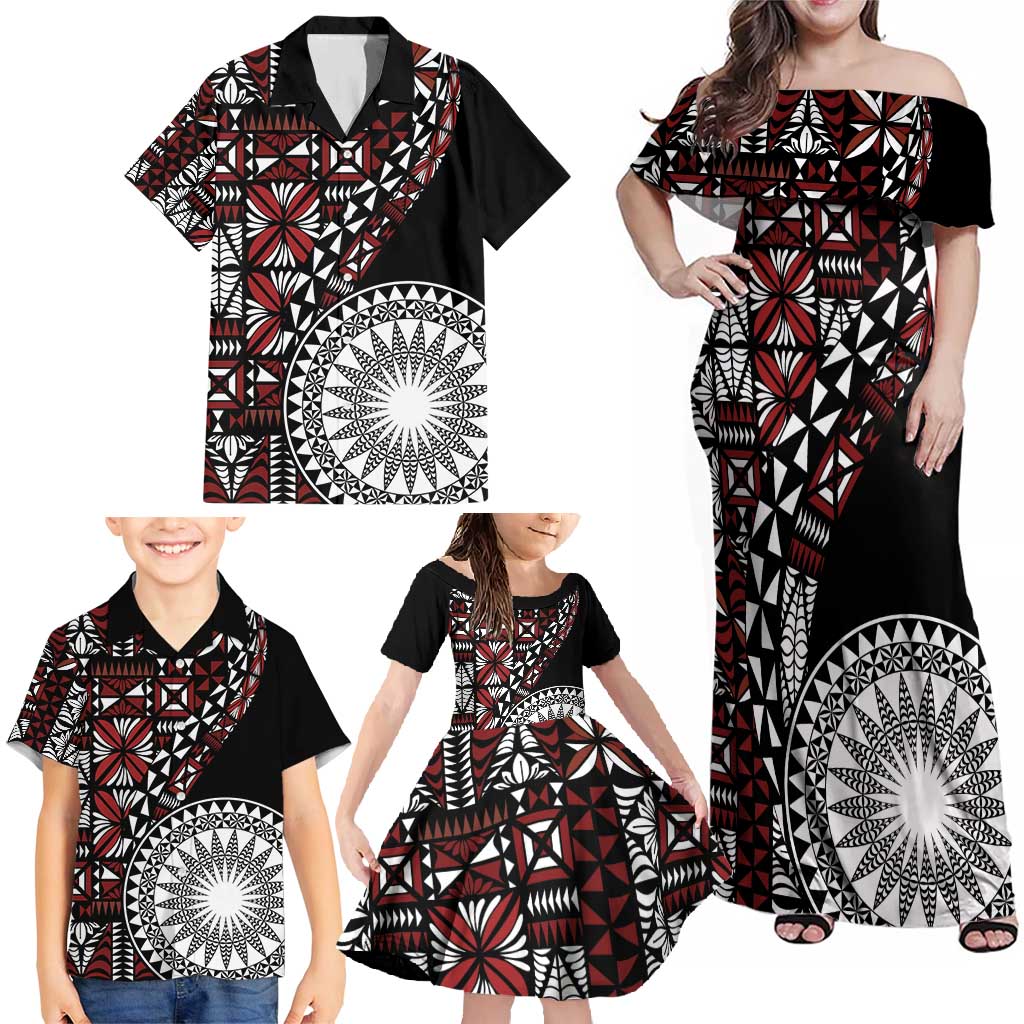 Red Tongan Ngatu Fonulei Pattern Family Matching Off Shoulder Maxi Dress and Hawaiian Shirt LT9 - Polynesian Pride