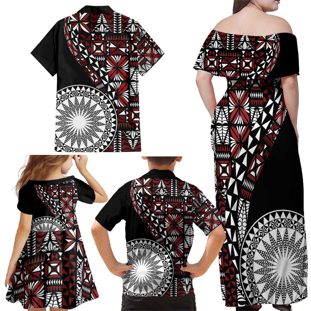 Red Tongan Ngatu Fonulei Pattern Family Matching Off Shoulder Maxi Dress and Hawaiian Shirt LT9 - Polynesian Pride