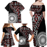 Red Tongan Ngatu Fonulei Pattern Family Matching Off Shoulder Maxi Dress and Hawaiian Shirt LT9 - Polynesian Pride