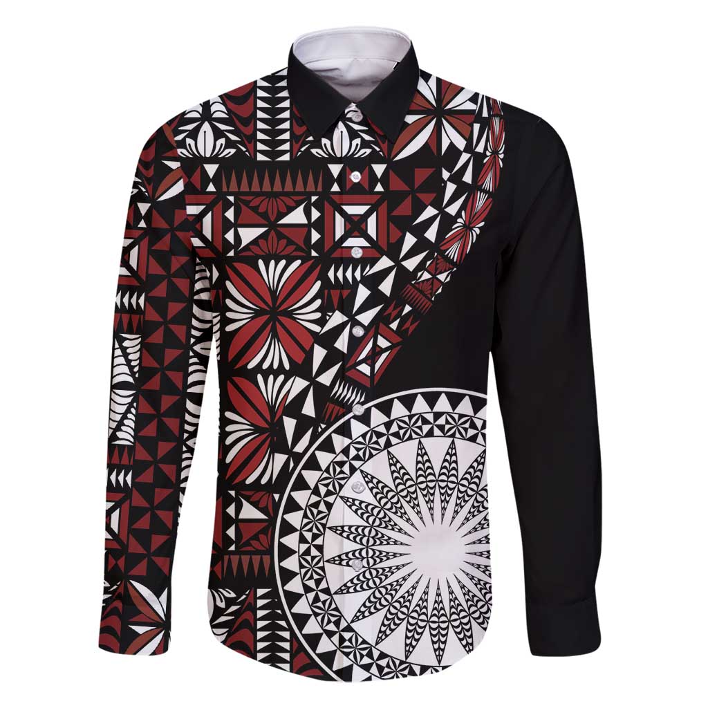 Red Tongan Ngatu Fonulei Pattern Family Matching Off Shoulder Maxi Dress and Hawaiian Shirt LT9 Dad's Shirt - Long Sleeve Red - Polynesian Pride