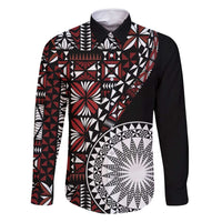 Red Tongan Ngatu Fonulei Pattern Family Matching Off Shoulder Maxi Dress and Hawaiian Shirt LT9 Dad's Shirt - Long Sleeve Red - Polynesian Pride