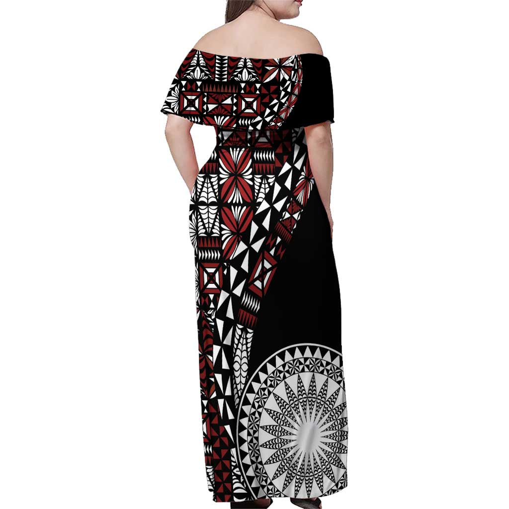 Red Tongan Ngatu Fonulei Pattern Family Matching Off Shoulder Maxi Dress and Hawaiian Shirt LT9 - Polynesian Pride