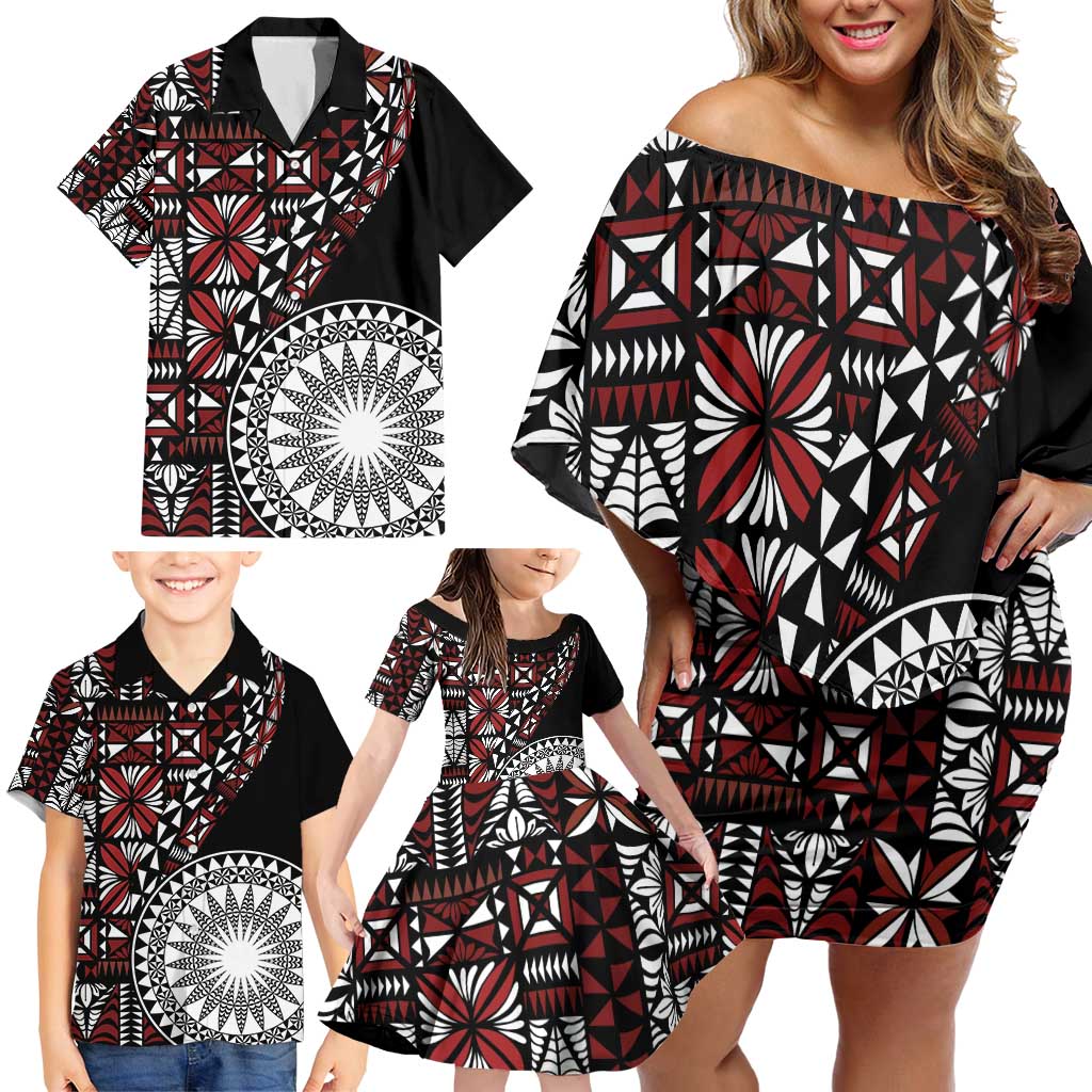 Red Tongan Ngatu Fonulei Pattern Family Matching Off Shoulder Short Dress and Hawaiian Shirt LT9 - Polynesian Pride