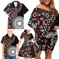 Red Tongan Ngatu Fonulei Pattern Family Matching Off Shoulder Short Dress and Hawaiian Shirt LT9 - Polynesian Pride