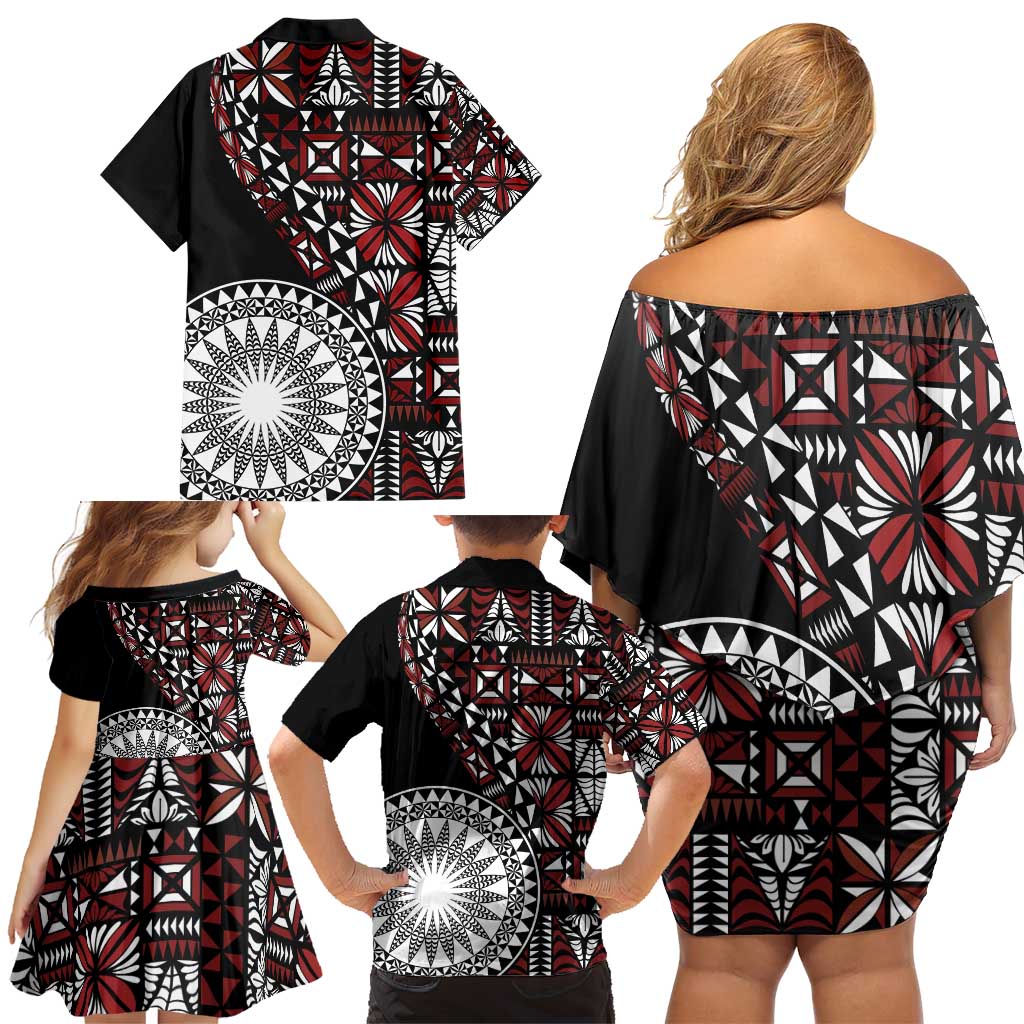 Red Tongan Ngatu Fonulei Pattern Family Matching Off Shoulder Short Dress and Hawaiian Shirt LT9 - Polynesian Pride