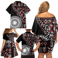 Red Tongan Ngatu Fonulei Pattern Family Matching Off Shoulder Short Dress and Hawaiian Shirt LT9 - Polynesian Pride