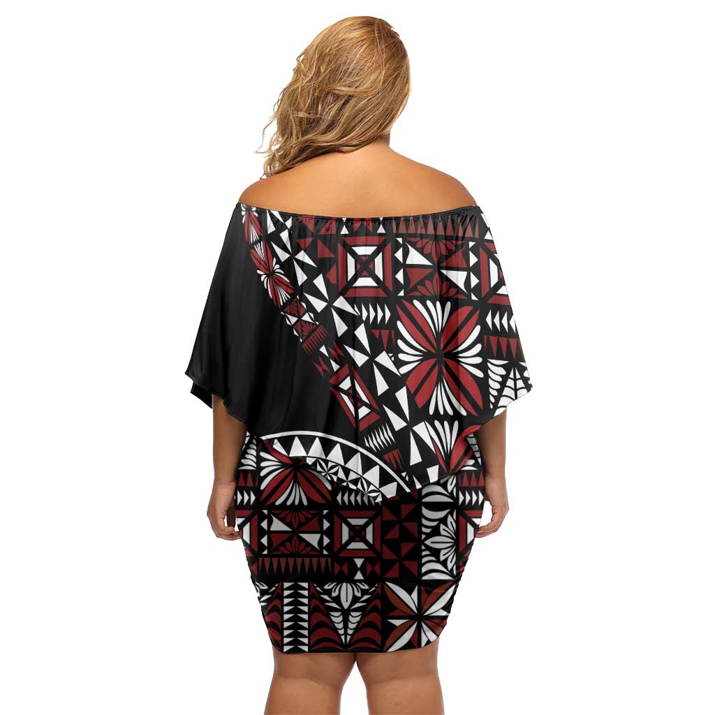 Red Tongan Ngatu Fonulei Pattern Family Matching Off Shoulder Short Dress and Hawaiian Shirt LT9 - Polynesian Pride
