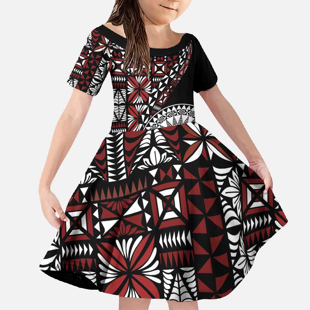 Red Tongan Ngatu Fonulei Pattern Family Matching Summer Maxi Dress and Hawaiian Shirt LT9 Daughter's Dress Red - Polynesian Pride