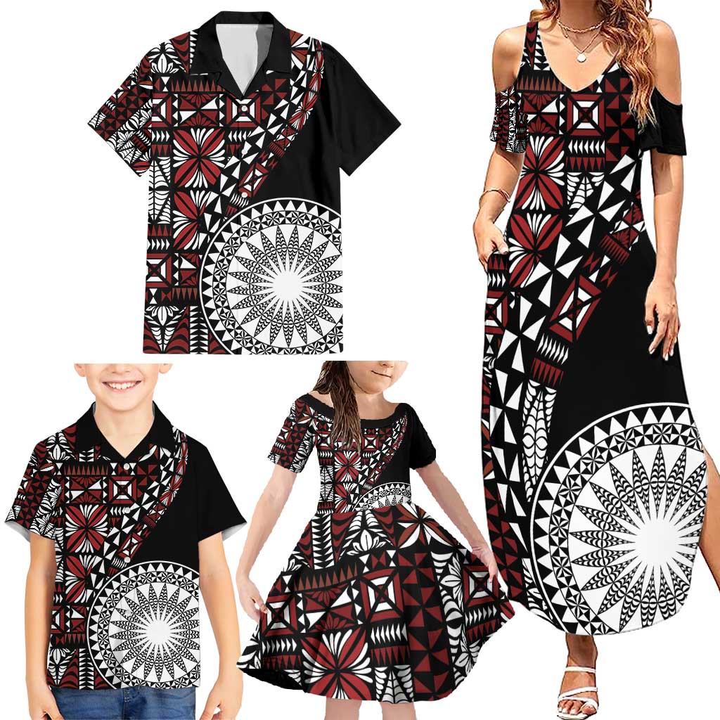 Red Tongan Ngatu Fonulei Pattern Family Matching Summer Maxi Dress and Hawaiian Shirt LT9 - Polynesian Pride