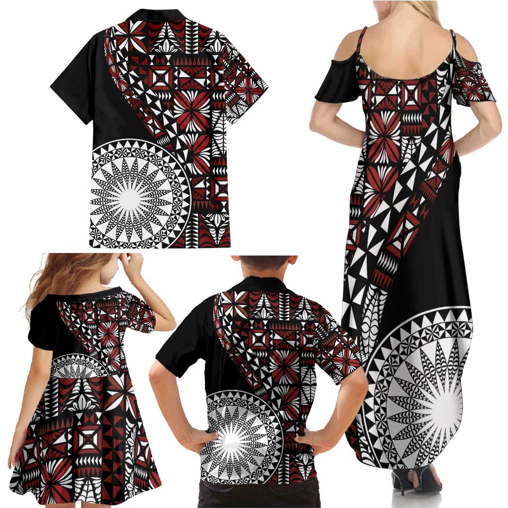 Red Tongan Ngatu Fonulei Pattern Family Matching Summer Maxi Dress and Hawaiian Shirt LT9 - Polynesian Pride