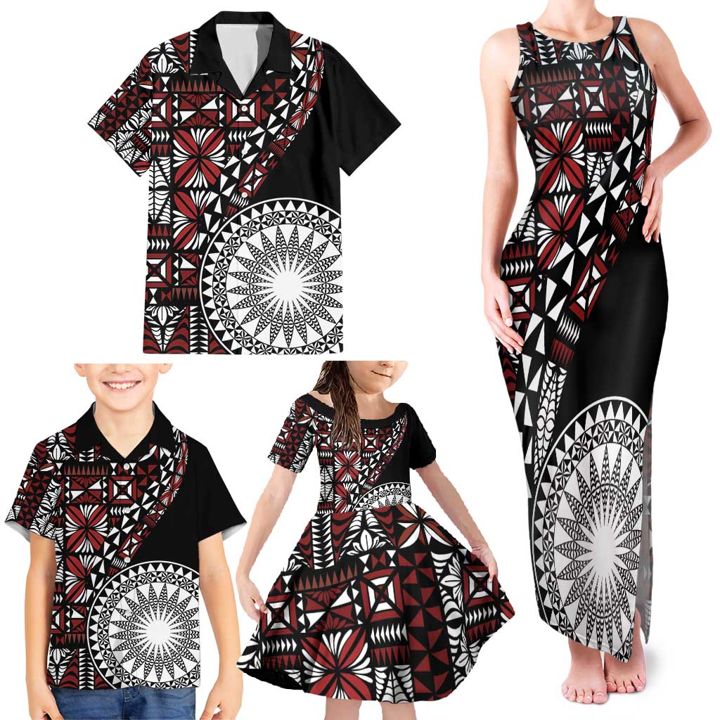 Red Tongan Ngatu Fonulei Pattern Family Matching Tank Maxi Dress and Hawaiian Shirt