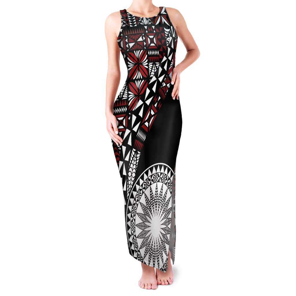 Red Tongan Ngatu Fonulei Pattern Family Matching Tank Maxi Dress and Hawaiian Shirt