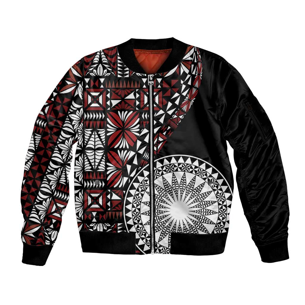 Red Tongan Ngatu Fonulei Pattern Sleeve Zip Bomber Jacket LT9 Unisex Red - Polynesian Pride